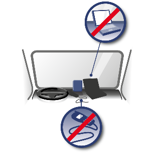 
Instruction graphic: Do not place devices such as mobile phones or laptops next to the DSRC module.