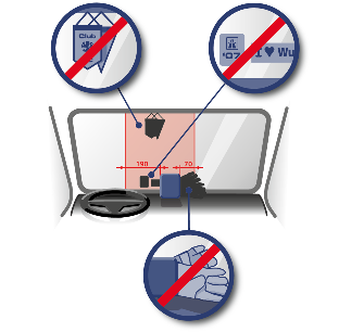 
Instruction graphic: Marking of the area of the truck windscreen where no things such as stickers, pennants, maps are allowed to be in front of or above the DSRC module.